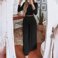 thumbnail image 2 of Womens Solid Ribbed 2 Piece Outfits ong Sleeve Crop Top with High Waist Wide Leg Pant Suits Pajamas Sets Loungewear, 2 of 7