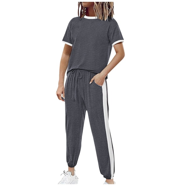 GYUJNB Ensembles 2 Pcs pour Femmes 2024 Été Ensemble Survêtement Col Rond Manches Courtes Hauts Pantalons Longs Jogger Ensemble Décontracté, Gris Foncé, m