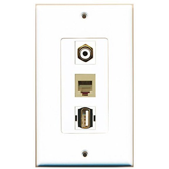 RiteAV - 1 Port RCA White and 1 Port USB A-A and 1 Port Phone RJ11 RJ12 Beige Decorative Wall Plate Decorative