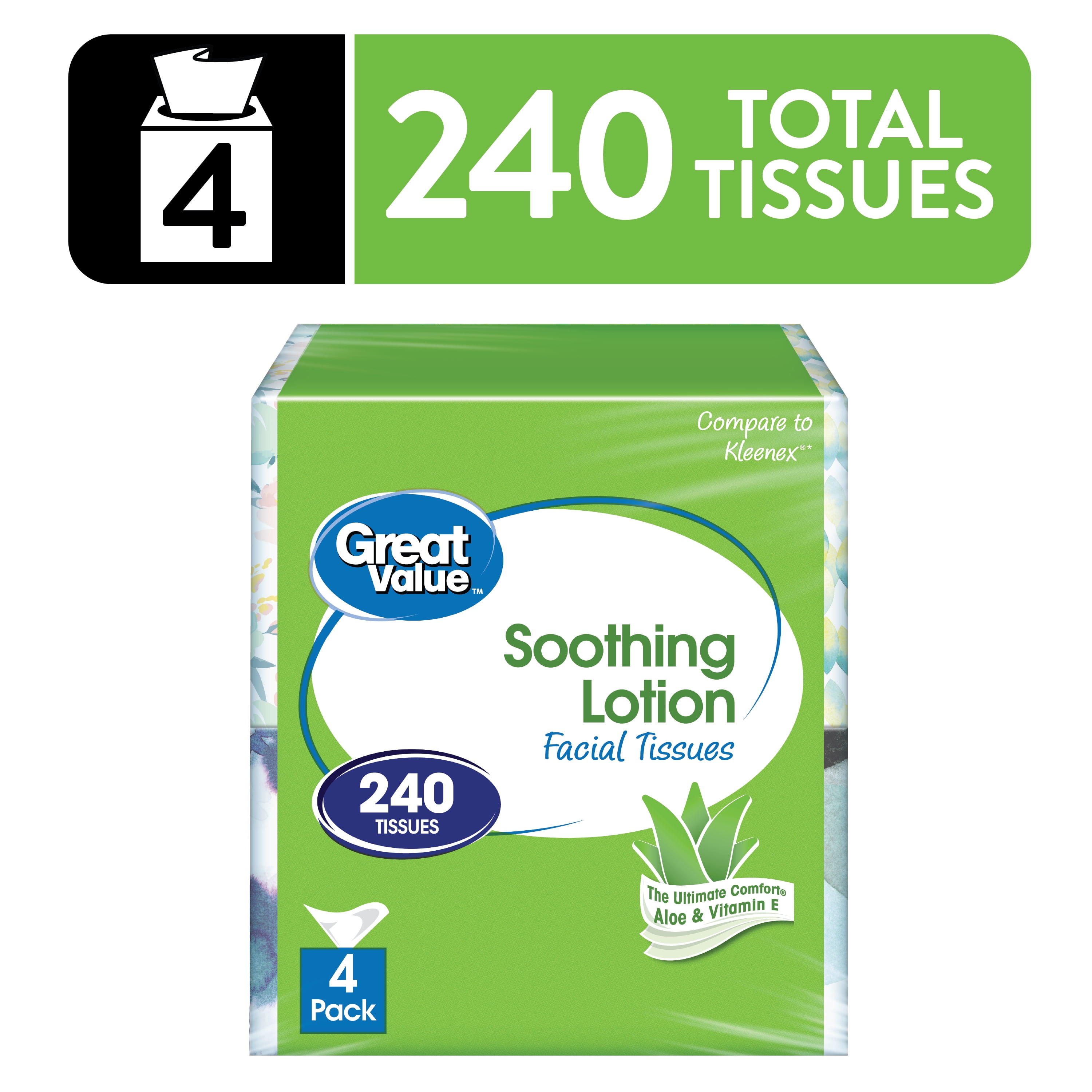 (6 pack) Great Value Soothing Lotion Facial Tissues, 4 Cubes, 60 Tissues per Cube, 3-Ply, Compare to Kleenex®