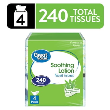 Great Value Soothing Lotion Facial Tissues, 4 Cubes, 60 Tissues per Cube, 3-Ply, Compare to Kleenex®
