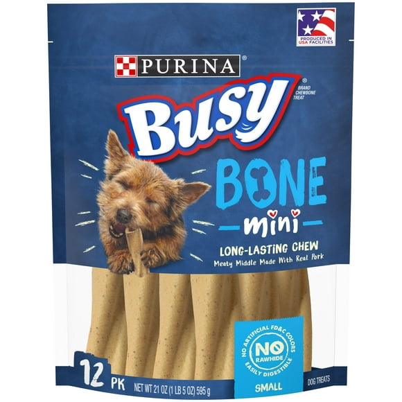 Purina Busy Bones Mini Dog Treats Long-Lasting Dry Chews, Real Pork for Small Dogs, 21 oz Pouch (12 Pack)