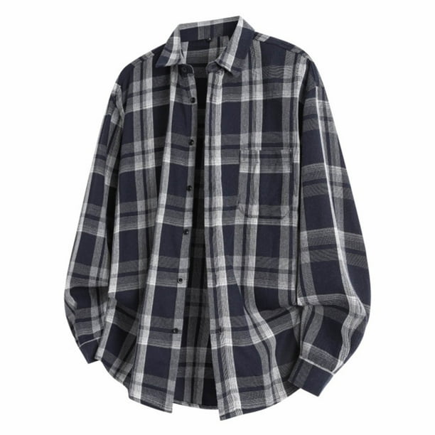 Blusa y camisa de manga larga con cuello vuelto para hombre, blusa informal a cuadros a la moda con botones y cuello vuelto, blusa de poliéster para hombre