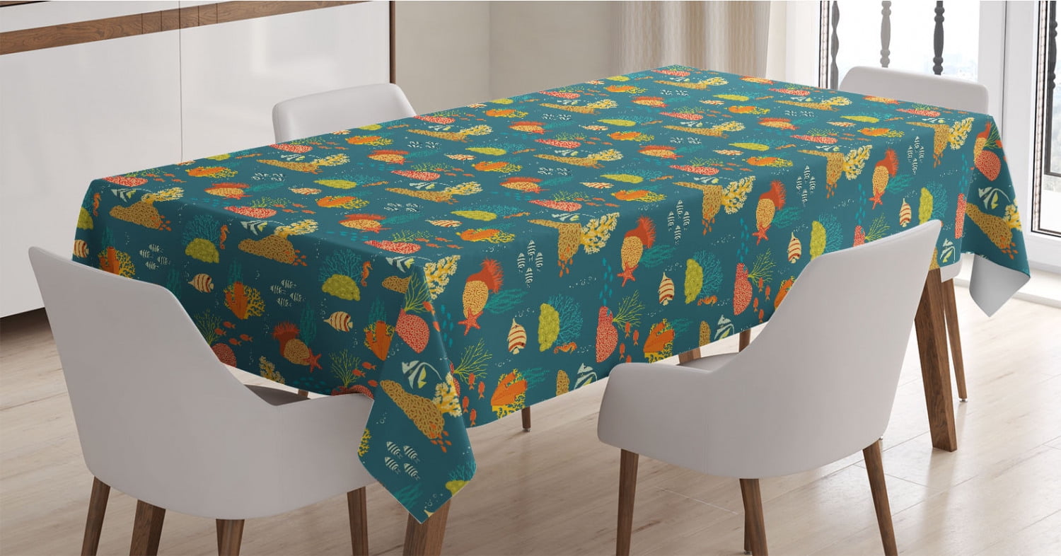 Under the Sea Tablecloth, Underwater Habitat Composition with Various