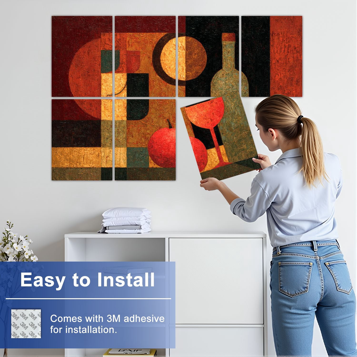 8 Pack Art Acoustic Panels Wine Glass Still Life Abstract Bar Wine Bottle Two Wine Glasses Self Adhesive Sound Absorbing Panels for Home Office Studio Media Room 48"x32"