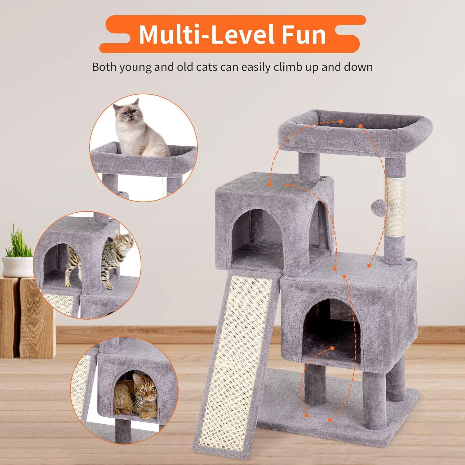 Dkelincs 36 inch Cat Tree Tower with Scratching Post & Dual Condos, Multi-Level Cat Furniture Condo Kittens House with Ramp, Perch & Hanging Ball, Ashy