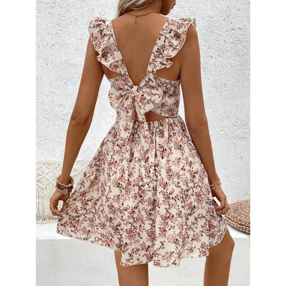 Apricot Floral Print Hollow Back Ruffle Trim A-Line Sundress With Bow Detail For Women