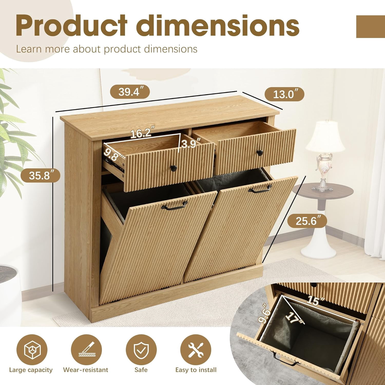Magic Union Tilt Out Fluted Laundry Hamper Cabinet, 22 Gallon Double Hidden Laundry Hamper, Wooden Trash Can Cabinets with 2 Drawers, Modern Garbage Can Cabinet for Bathroom, Kitchen