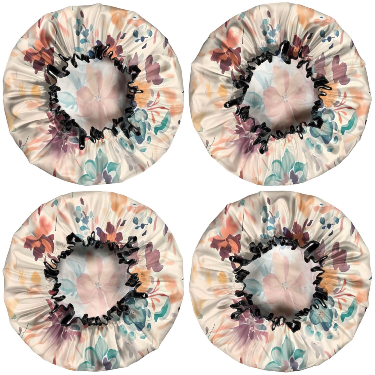 Shower Caps,Pioneer Flower Floral Print Pattern Waterproof Shower Cap for Women 4 Pieces,Double Reusable Hair Cover for Shower PEVA Elastic Stretch Hem