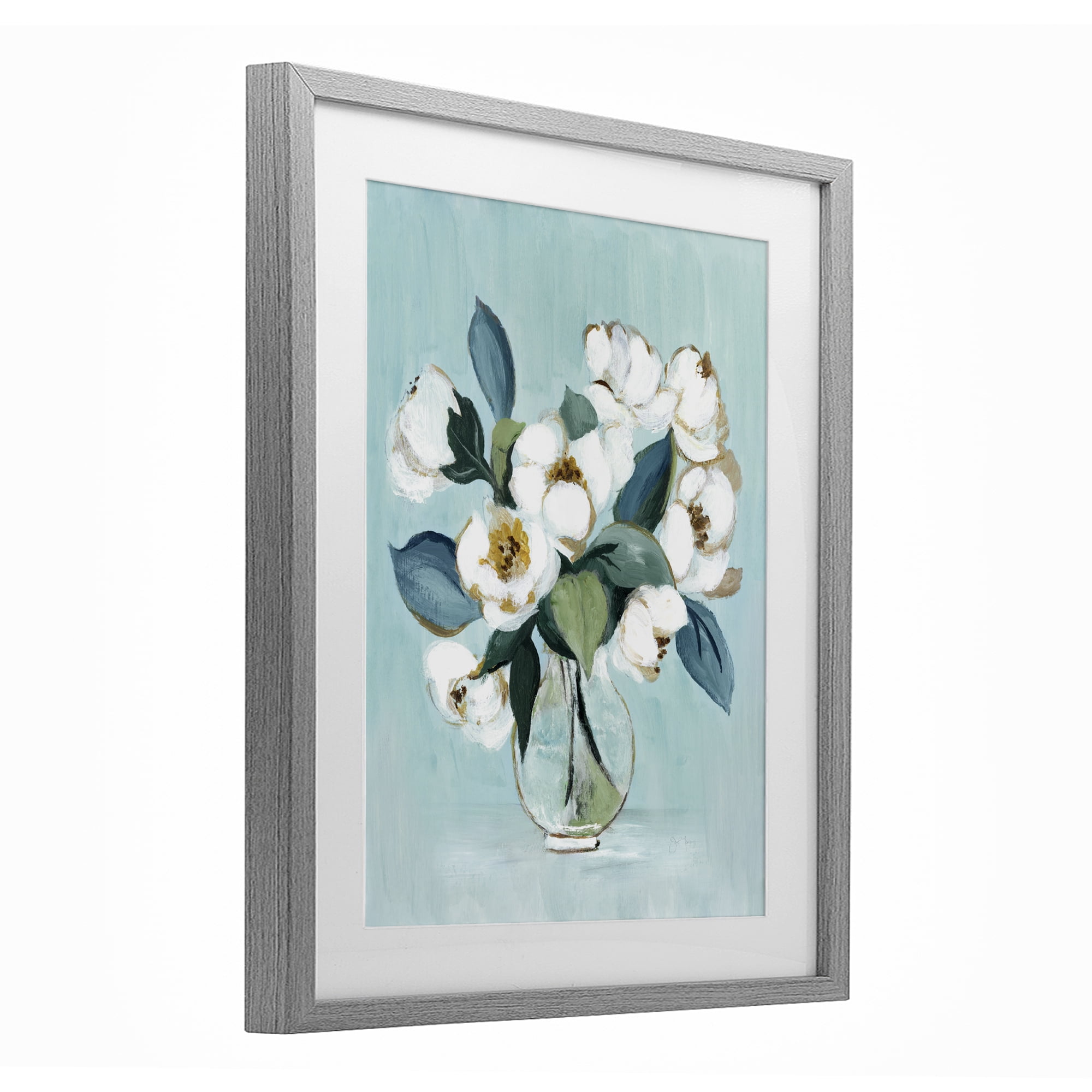 Stupell Industries Magnolia Arrangement over Blue Gray Framed Print Under Glass, design by Janet Tava