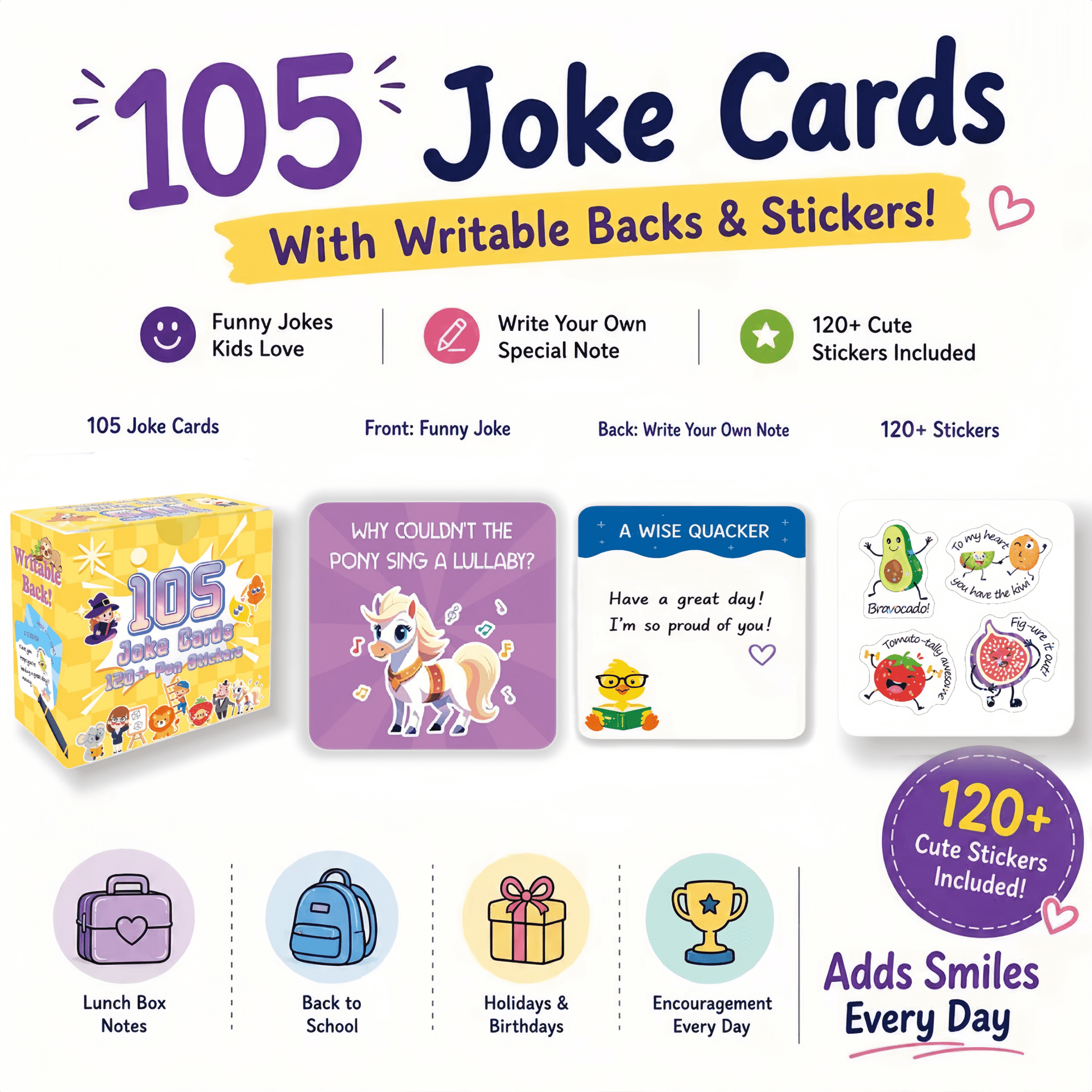 gleaminglife 105 Joke Cards Lunch Box Notes, Funny Pun Joke Cards with 120 Stickers, Daily Humor Cards for School & Gifts