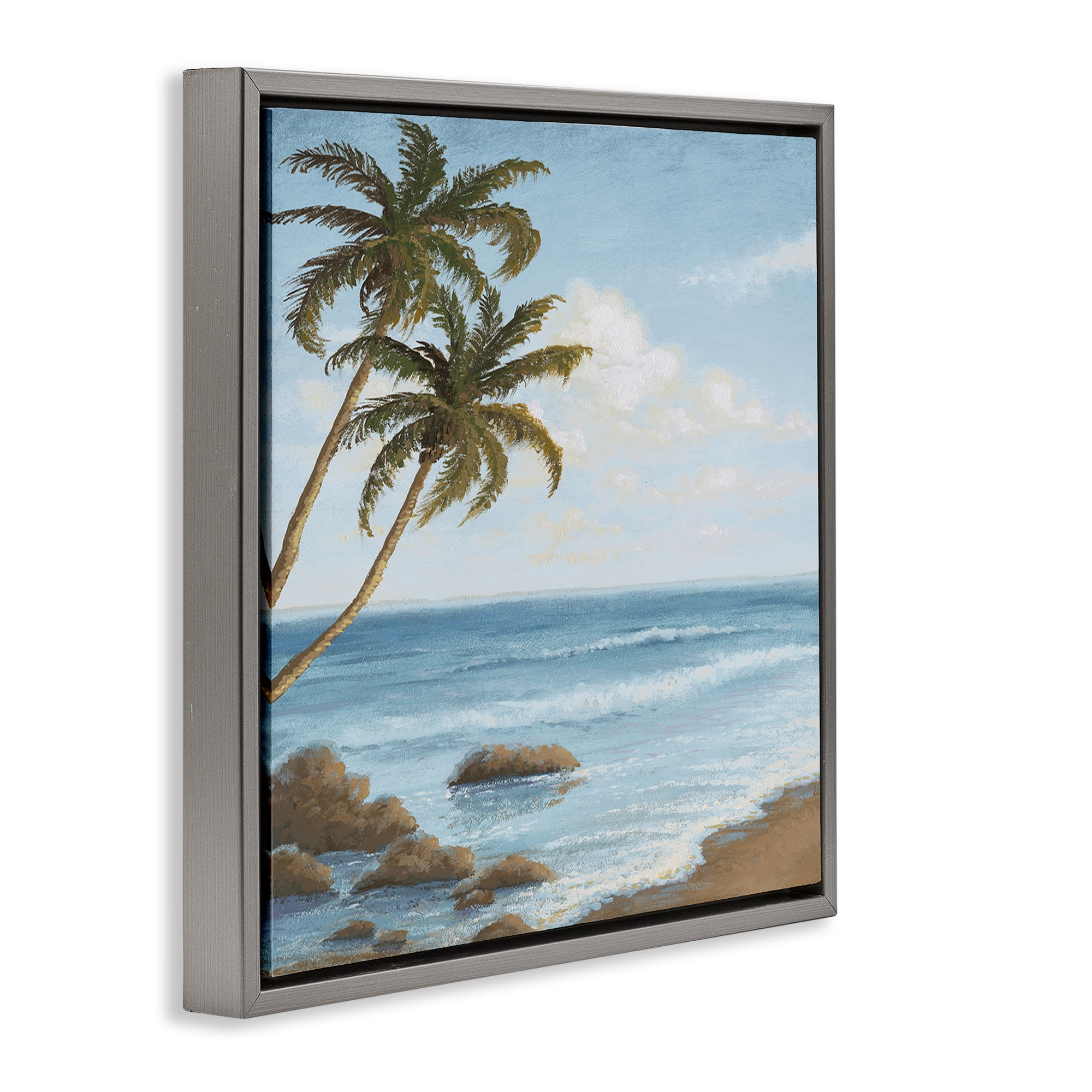 Stupell Industries Palm Trees Looming Beach Coastal Painting Gray Floater Framed Canvas Art Print Wall Art, 25 x 25