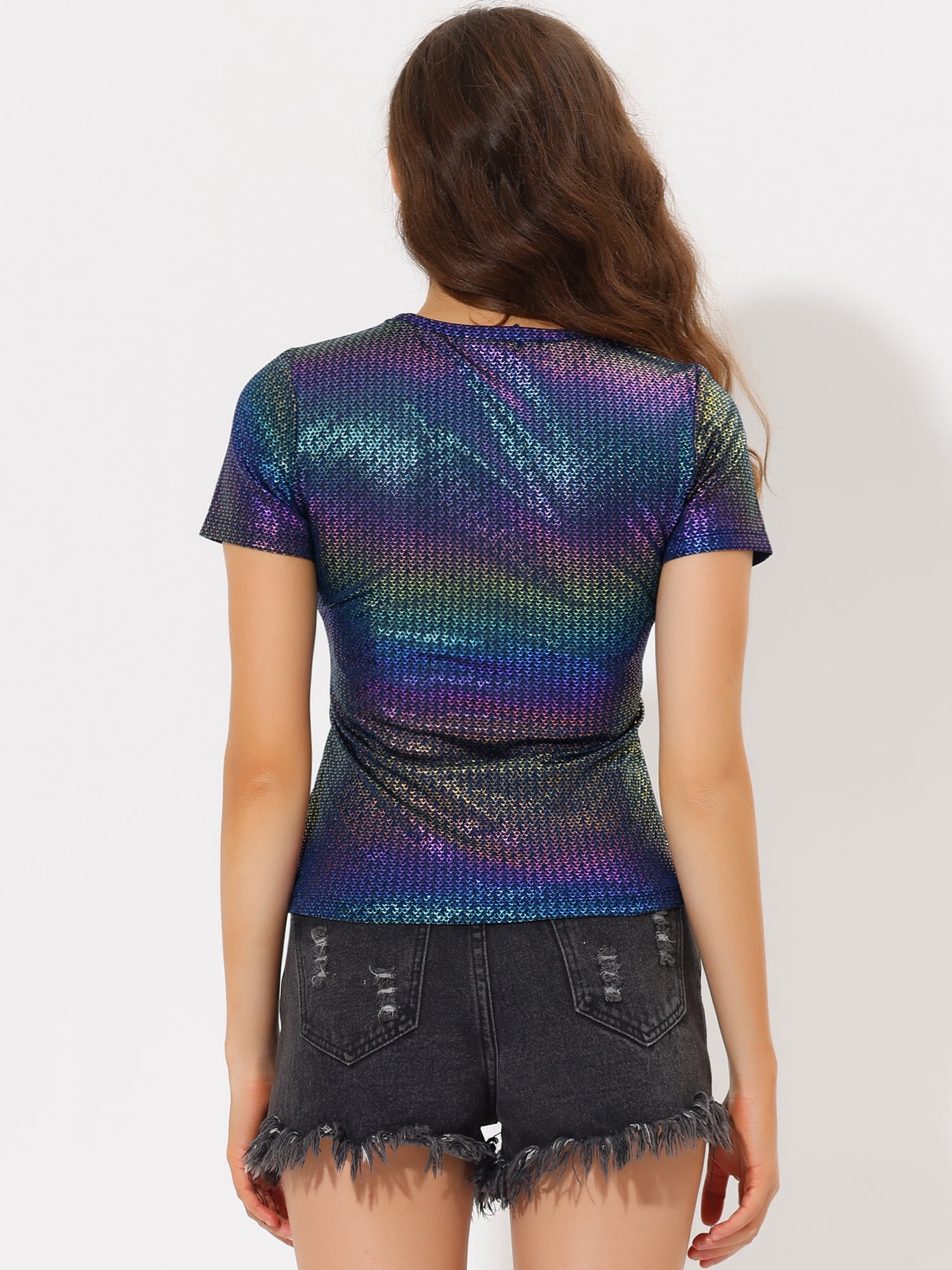 DARING DIVA Party Metallic Textured Short Sleeve Shiny Tops S Dark Blue