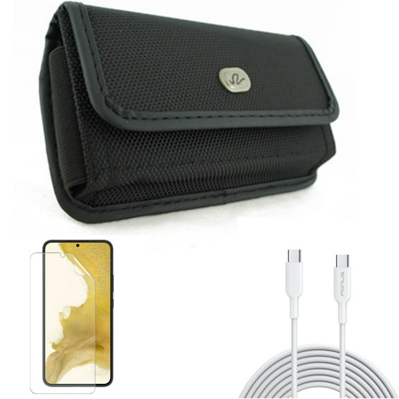 10ft Long Type-C Cable & Matte Screen Protector & Case Belt Clip for Samsung Galaxy S22 (6.1") - Fast Charger Cord PD & TPU Film Anti-Glare & Rugged Holster Accessory Bundle