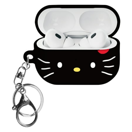 Sanrio AirPods Pro 2 Case Key Ring Keychain Holder Strap Hole Hard AirPods Pro 2nd Generation 2022 Cover - Face Hello Kitty Black