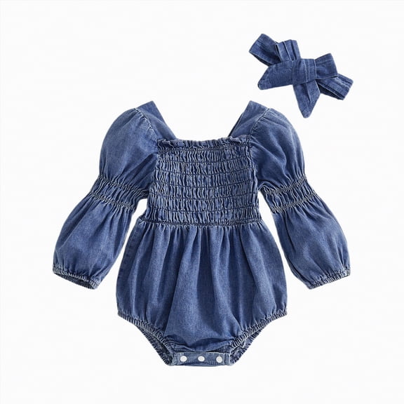 CAICJ98 Smocked Baby Girl Clothes Newborn Girl Bubble Denim Romper Long Sleeve Jumpsuit And Headband Outfit Cute Infant Fall Spring Clothing (Blue,3-6 Months)