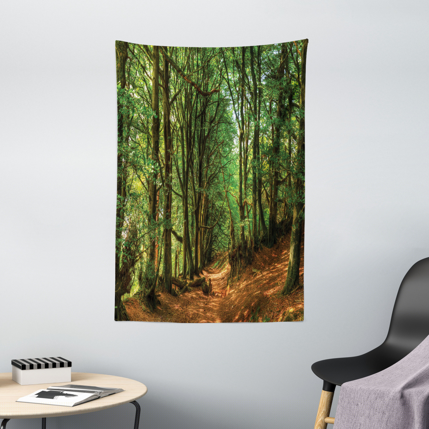 thumbnail image 1 of Woodland Tapestry, Woodland Scene with Trees and Pathway Foliage Trunk Greenery Outdoor Picture, Wall Hanging for Bedroom Living Room Dorm Decor, 40W X 60L Inches, Green Brown, by Ambesonne, 1 of 2