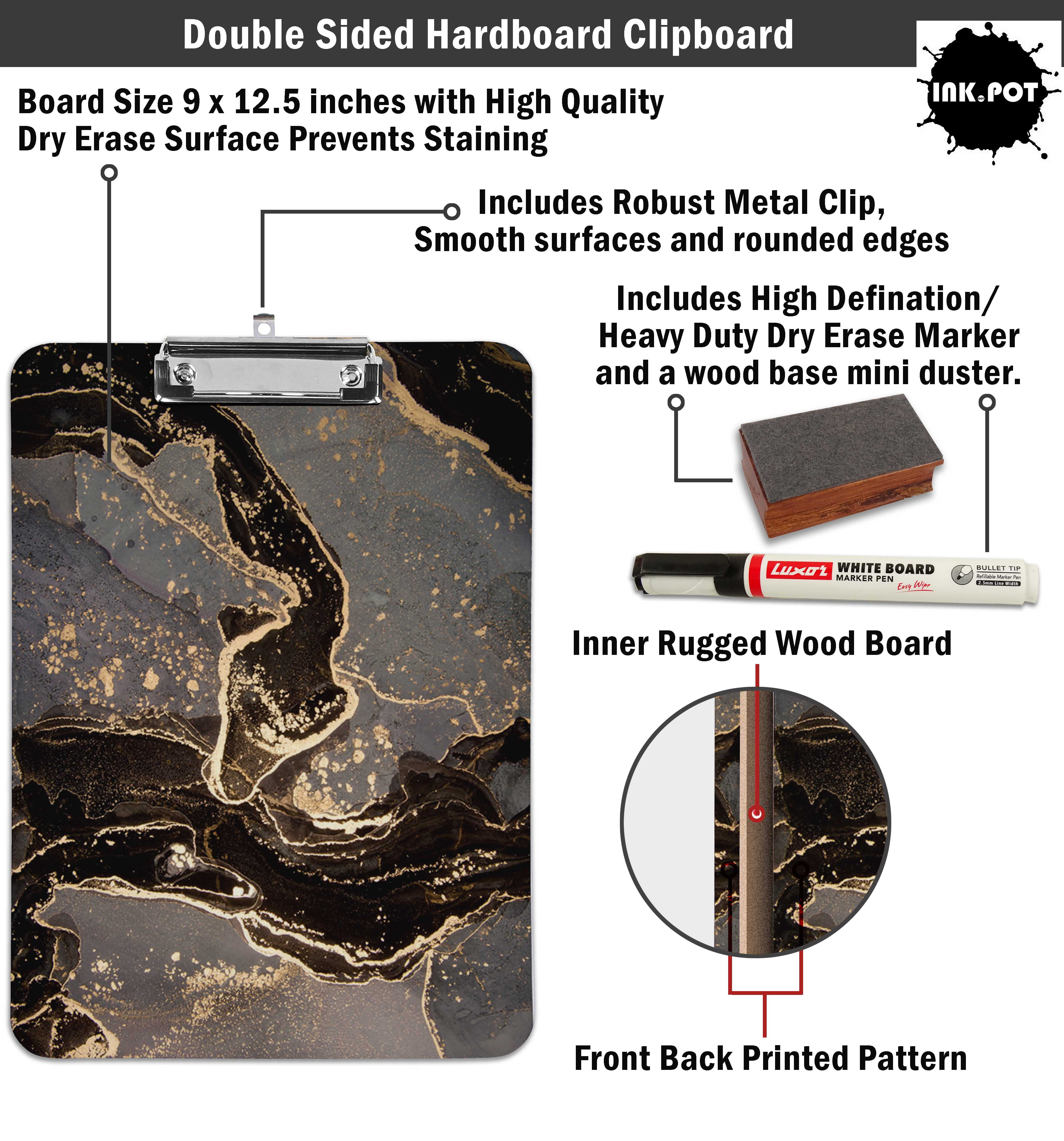 Inkdotpot Dry Erase Double Sided Clipboard Marble Watercolor Printed Paperboard Clipboard With Free Marker & Duster