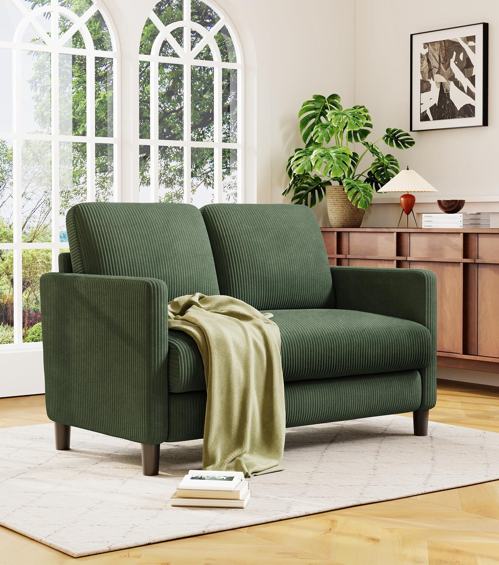 Welzona 51" Corduroy Loveseat Sofa, Small 2-Seater Couch for Small Spaces, Tool-Free Assembly,Green