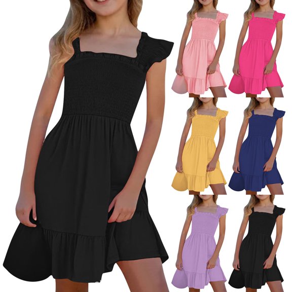 RTKFRFLM Girls Square Neck Sundress Backless Ruched Summer Party Gown Purple 11-12 Years