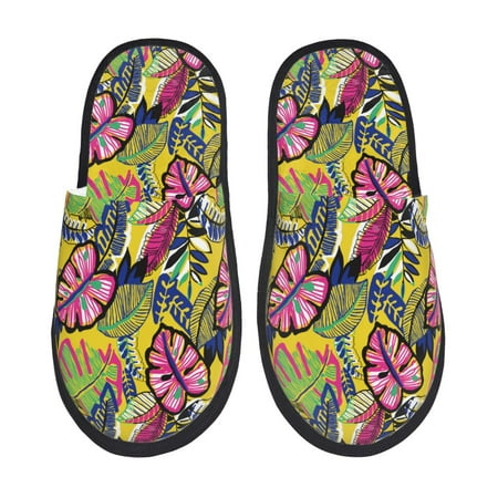 Balery Colrful Tropical Leaves Slient Indoor Furry Fleece Comfort House Shoes Soft Non-Slip Home Shoes Cotton slippers House Slippers-- Medium