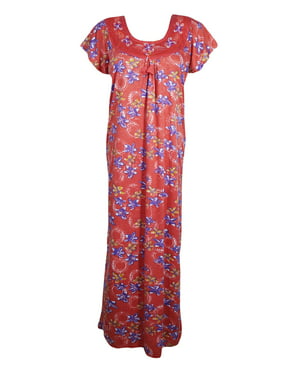 Mogul Women Red Floral Printed Maxi Kaftan Dress Sleepwear Housedress Nightwear Caftan Dresses L