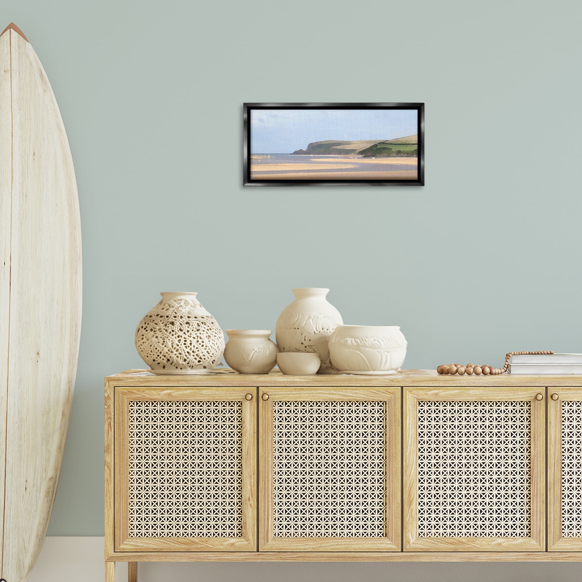 Stupell Industries Sunlit Sands Beach Landscape Painting Black Floater Framed Canvas Art Print Wall Art, 25 x 11