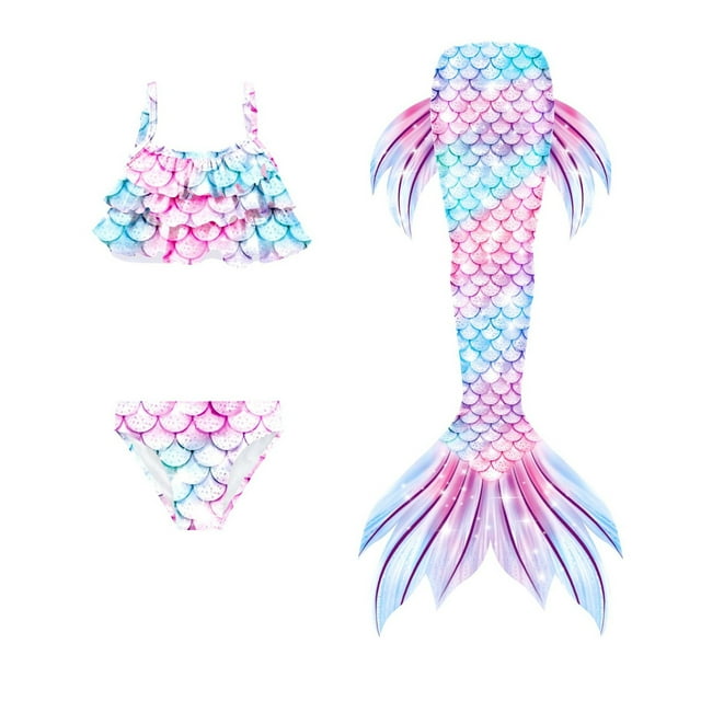 Hiiyo Girls 3-Piece Swimsuit Ruffle Bikini Fish Tail Set Performance Swimwear, Sizes 4-13