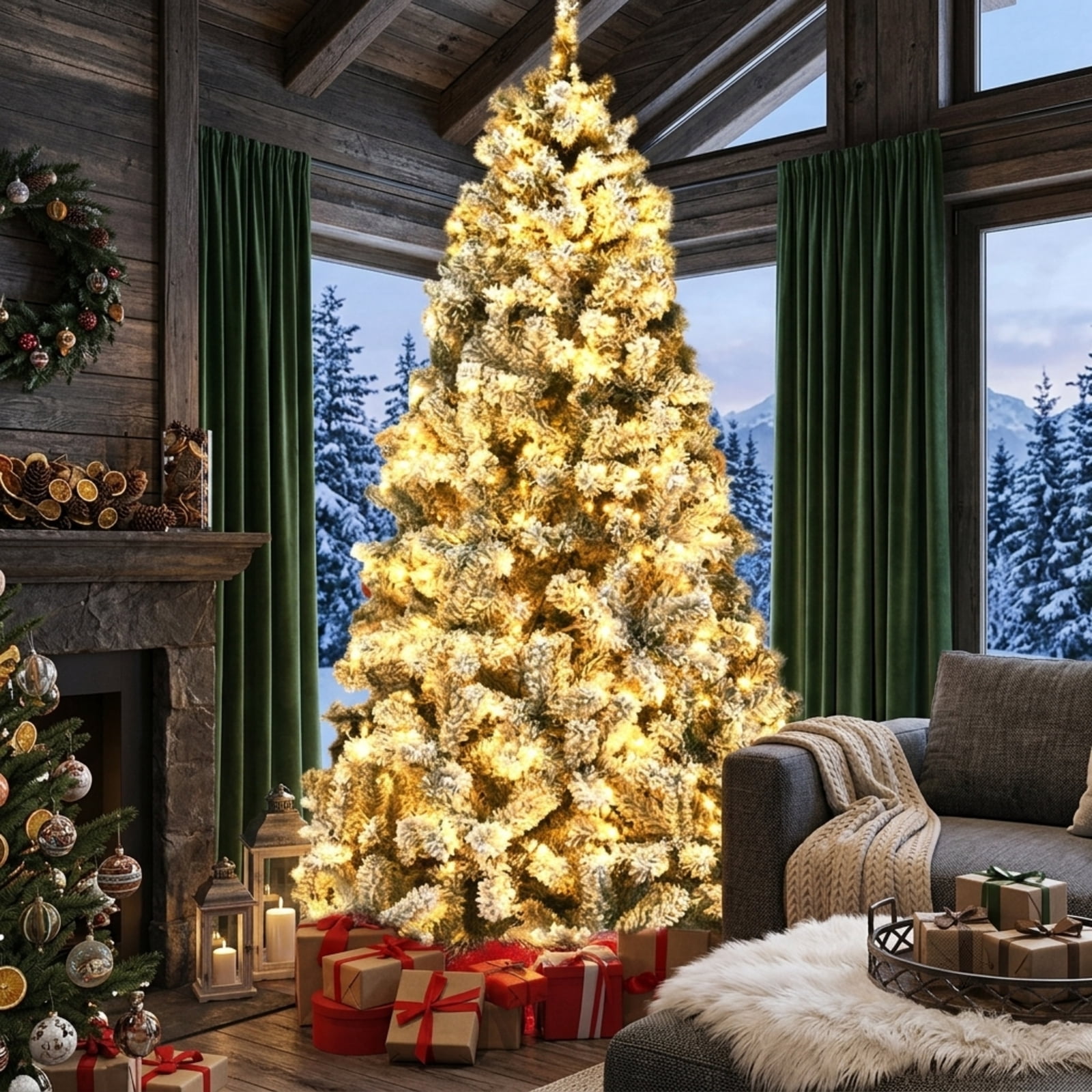 RUIE, 6 ft, Artificial Christmas Tree, with 250 LED Lights, 600 Branch Tips, Snow Flocked Holiday Xmas Tree for Indoor Home Office Decoration
