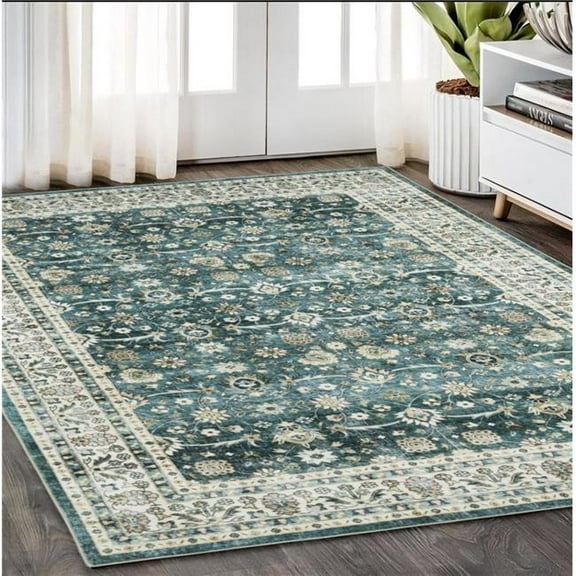 HomeRoots 574716 5 x 7 ft. Oriental Distressed Rectangle Area Rug, Teal & Ivory