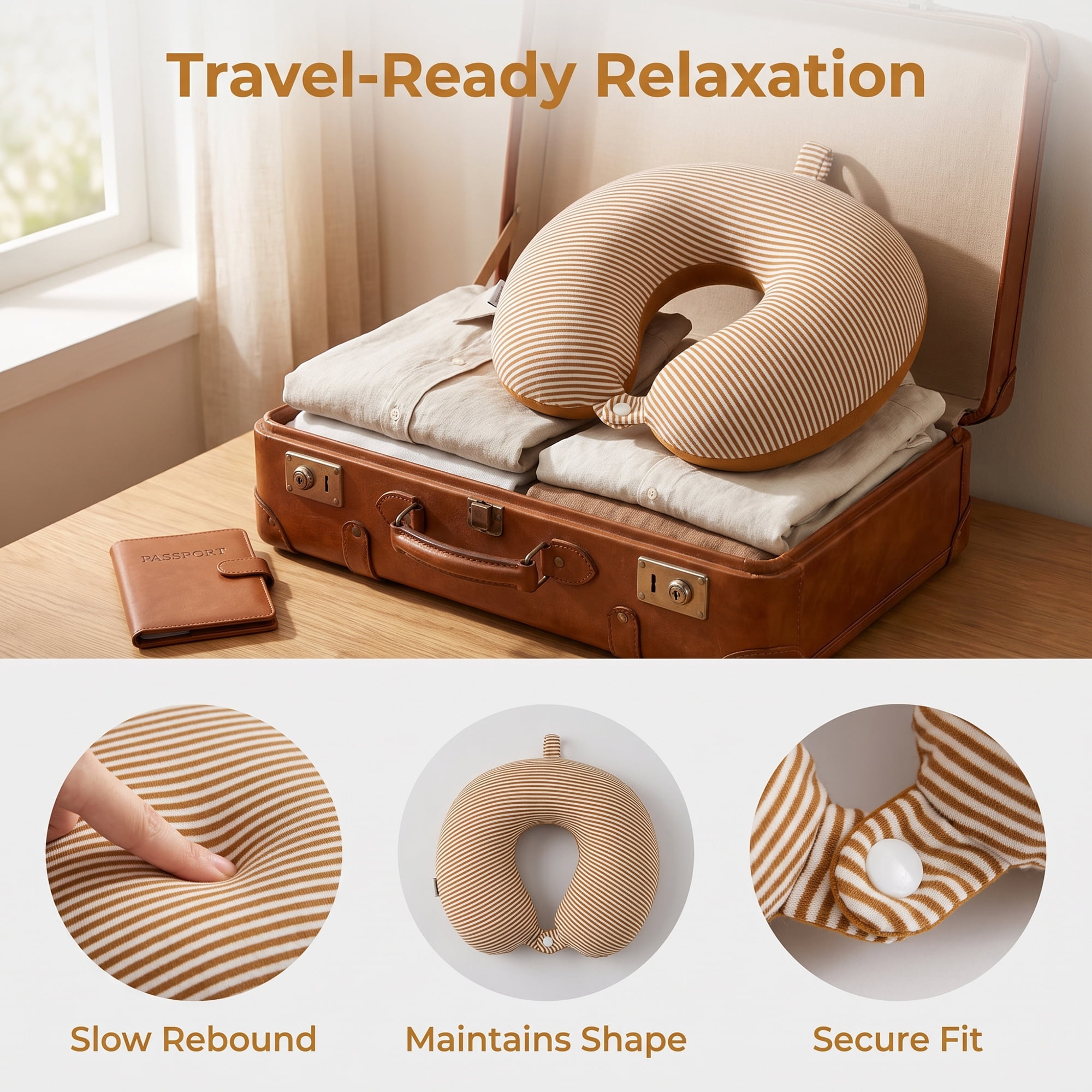Unique Bargains Memory Foam Neck Pillow U Shape Snap Closure for Office Brown 11"x12"x4"