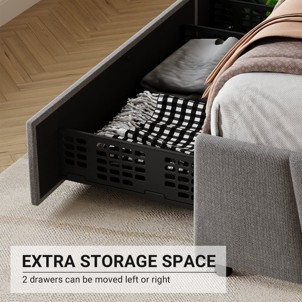 Eastvita King Size Upholstered Platform Bed Frame with 2 Storage Drawers and Adjustable Headboard, Wooden Slats Support, No Box Spring Needed