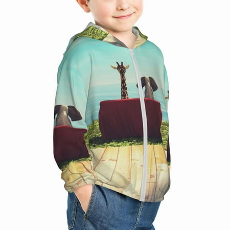 

Uemuo Elehpant And A Giraffe Looking At The Sea Pattern Rash Guard for Boys Girls Long Sleeve Swim Shirts UPF 50+ UV Sun Protection Hooded Fishing Shirt with Pocket for Kid-4 Years