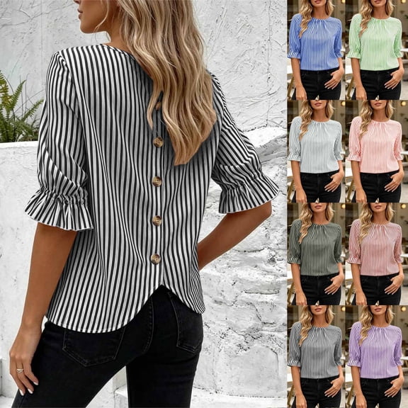 Hfnxid Womens Tunic Tops Ruffle 3/4 Sleeve Top Pleated Crewneck Blouses Casual Striped Work Tshirts Black L
