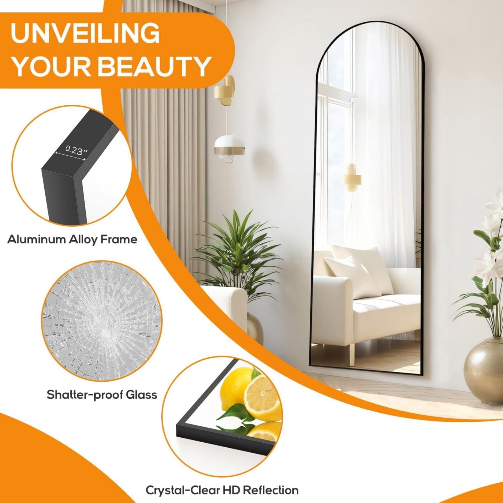 Gleamira 59"x16" Arch Full Length Mirror Floor Mirror Free Standing Mirror with Metal Frame, Black