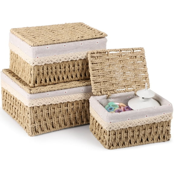 3 PCS Wicker Woven Decorative Baskets with Lids, Handwoven Storage Baskets with Removable Liner, Nesting and Stackable Baskets for Shelves, Bathroom, Bedroom, Kitchen Organization