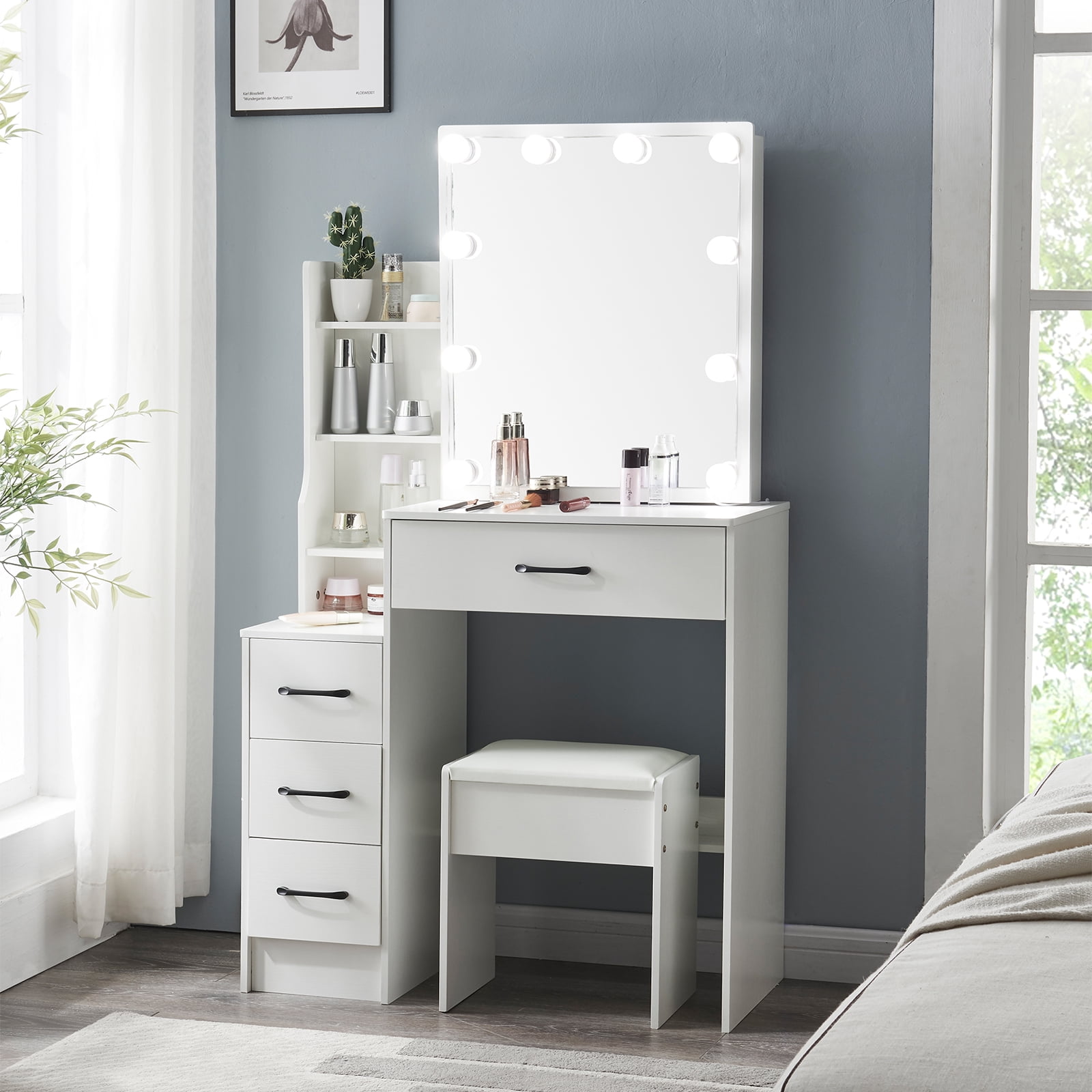 Yamissi Vanity Desk with Lights Makeup Table with Slidable Mirror Modern Dressing Table with Drawers & Cabinet, White