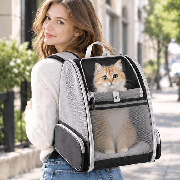 Cat Carrier Backpack, Breathable Mesh Pet Carrier with Removable Cushion and Chest Strap, for Cats up to 18 lb and Dogs up to 15 lb