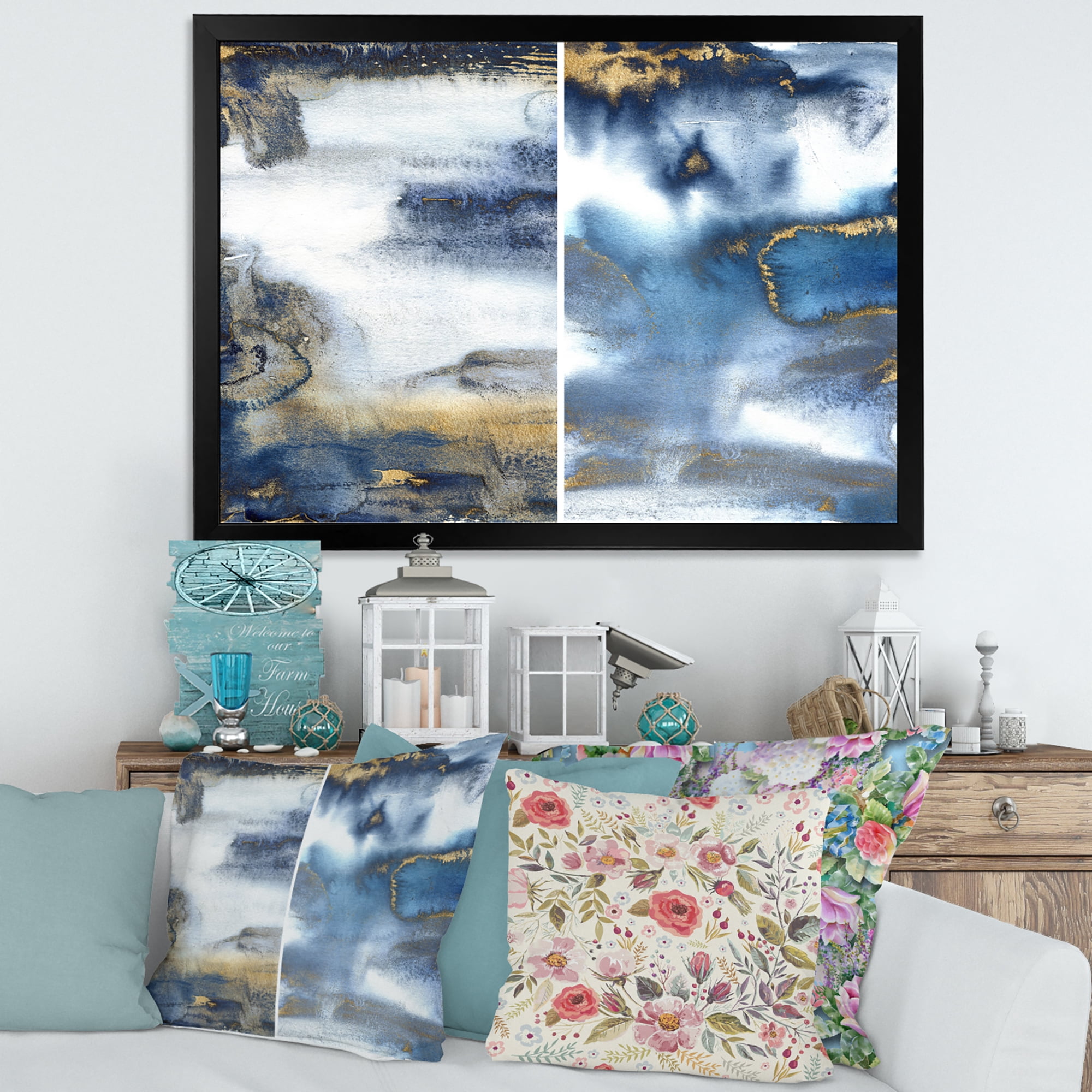 Designart 'Gold and Dark Blue Abstract Waves I' Modern Framed Art Print