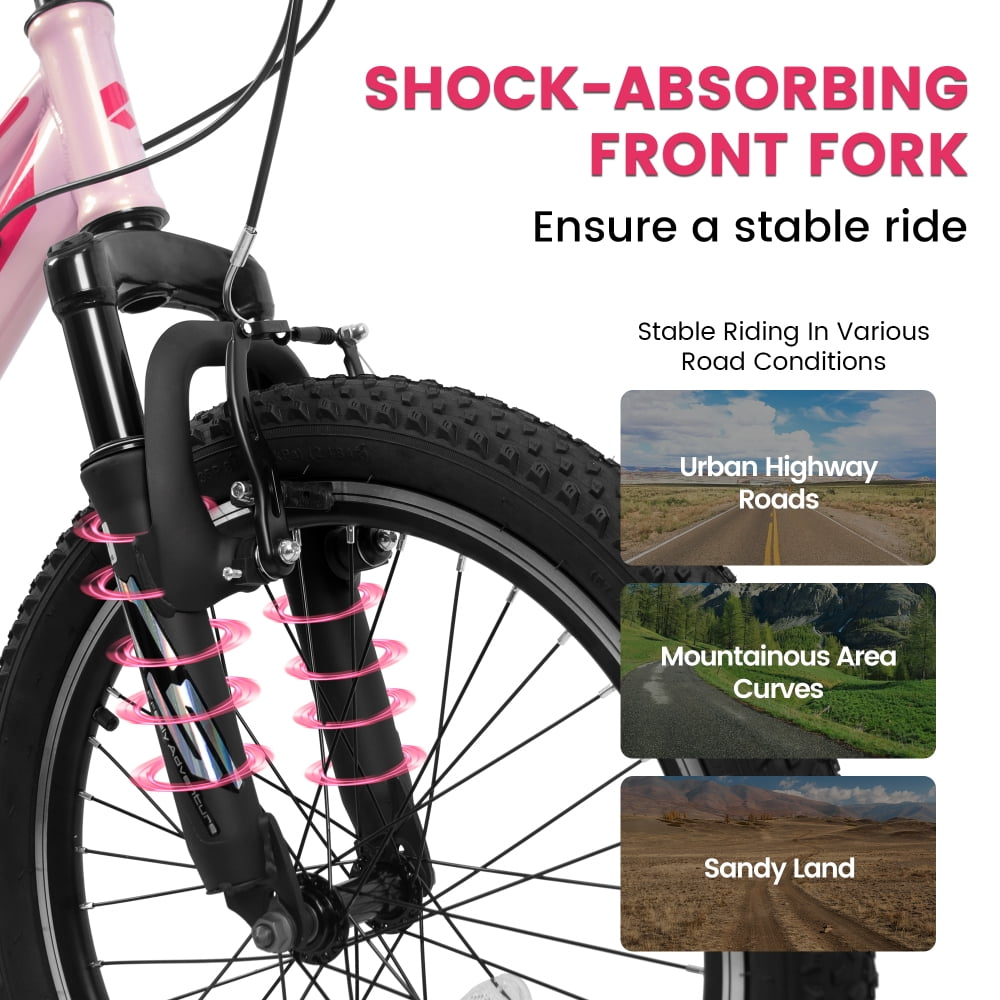 20 inch Kids Mountain Bike for Girls Boys 7-12 Years Youth Bicycle MTB, 7-Speed with Suspension Fork, V-Brakes - Pink/Blue