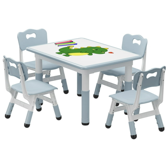 Bingirl Kids Table and 4 Chairs Set Height Adjustable Toddler Table and Chair Set Graffiti Desktop Children Learn Activity Table for Kids Study Table for Home