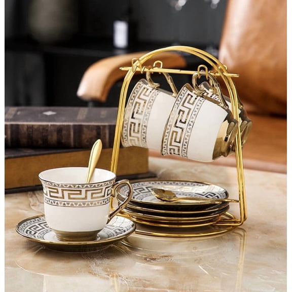 LUOLUO 13 Pcs Tea Sets with with Metal Rack ,Ceramic Coffee Mug Set of 4 with Cup & Spoon & Saucer, Classic Mugs for Coffee, Tea, Cocoa, Perfect for Home, Kitchen or Office, 220ml, White