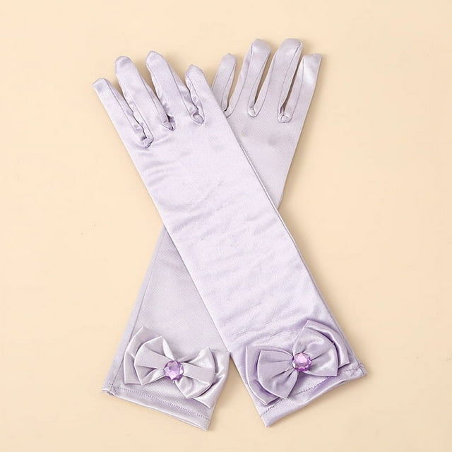 Zhuge Guantes de princesa, guantes largos de satén blanco para niña, guantes de princesa con lazos de diamantes para cumpleaños, bodas, fiestas de disfraces, morados
