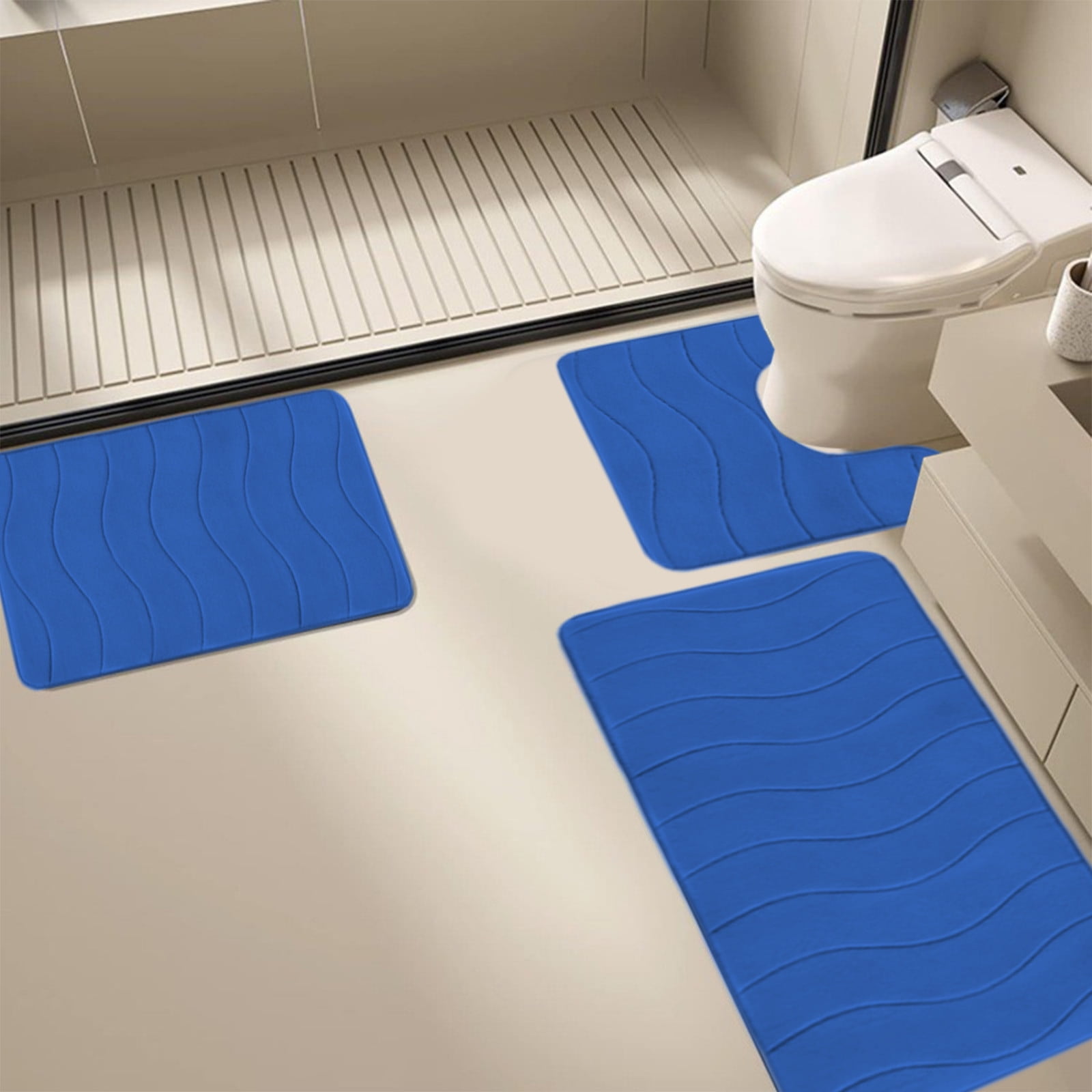 Hiroekza Solid Color Bathroom Rug Set 3 Piece Set - Non-Slip Absorbent Mats - Modern Polyester & Rubber Backing for Bathroom, Bedroom, Household Includes 2 Bathroom Rugs 1 U Shape Rugs Blue