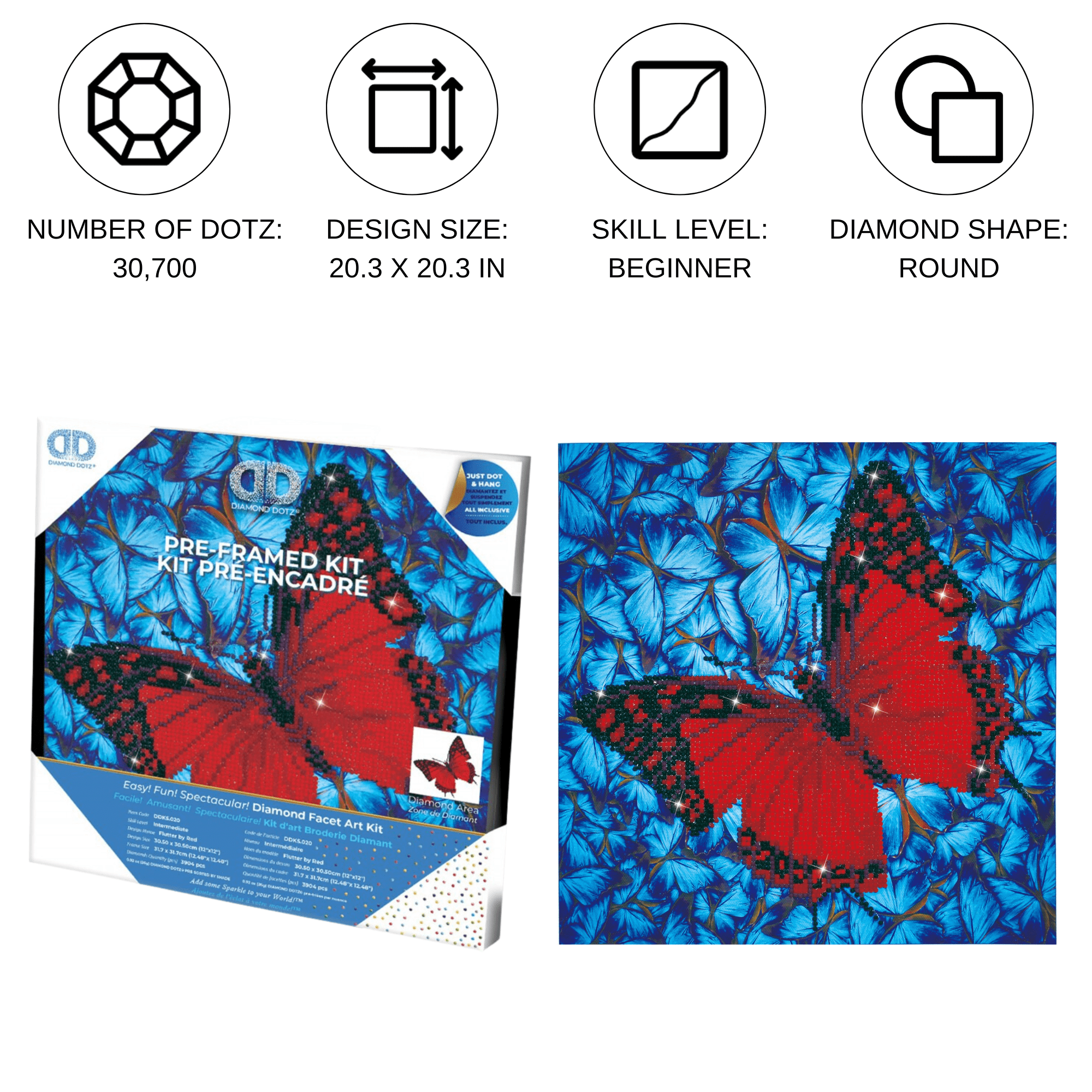 Diamond Dotz Flutter by Red with Frame Butterfly Diamond Painting Kits for Adults - Diamond Art Kits a Relaxing Creative Craft Kit with Dotz Gems 12"x12"