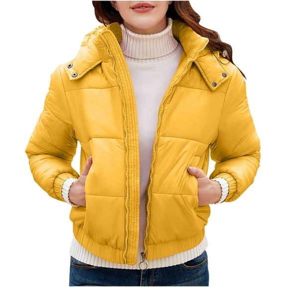 XPMWRP Women's Quilted Solid Color Zip Hooded Jacket Long Sleeve Casual Waterproof Coat Winter Padded Puffer Coat with Pockets Yellow L