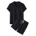 thumbnail image 2 of VBTAPA Mens Linen Shorts and Shirt Set Short Sleeve Button Down Shirts and Drawstring Shorts 2 Pieces Summer Beach Outfits Basic Solid Matching Lounge Sets Black XL, 2 of 9