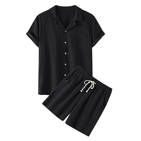 Ensemble 2 Pcs en Lin pour Hommes Tenue de Guayabera de Plage Chemise Boutonnée et Shorts, Tenue de Chemise à Manches Courtes