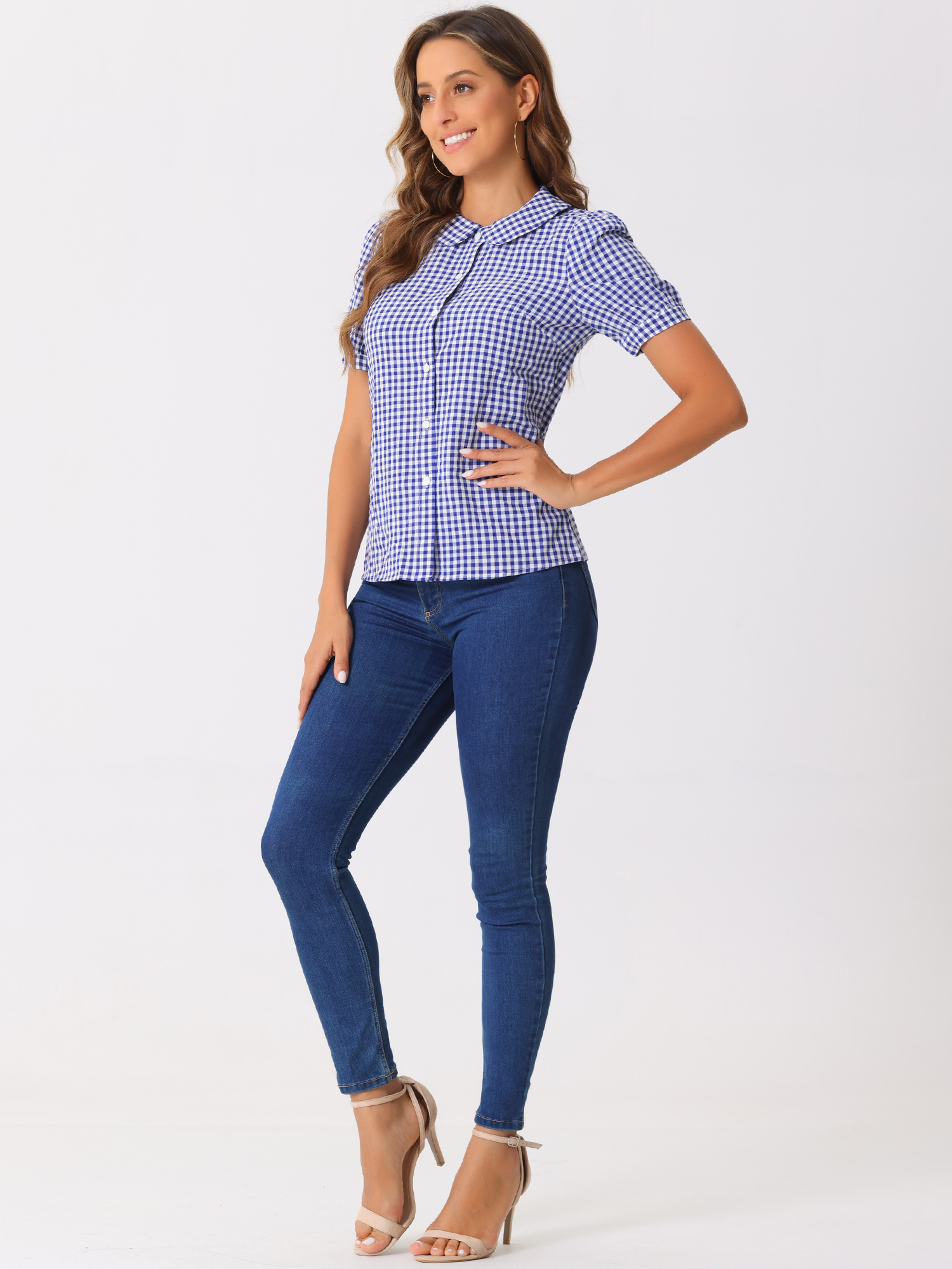 DARING DIVA Women's Plaid Button Down Puff Peter Pan Collar Shirt M Blue