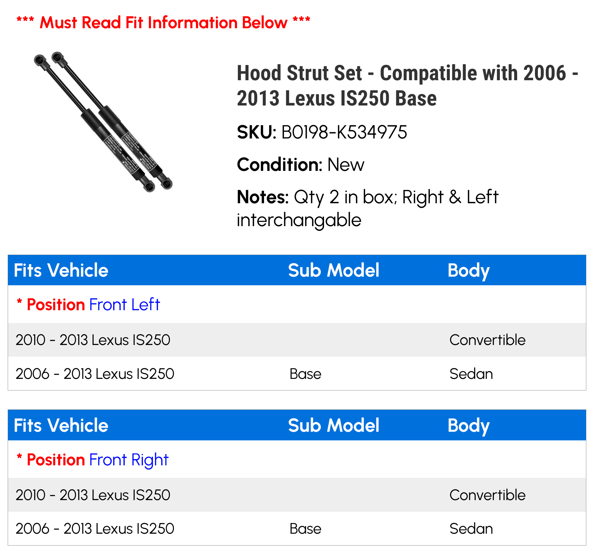 Hood Strut Set - Compatible with 2006 - 2013 Lexus IS250 Base - Autopart Premium